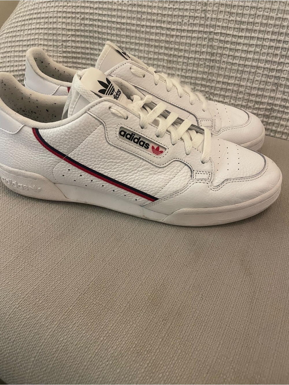 adidas White Leather Sneakers with Red & Navy Stripe